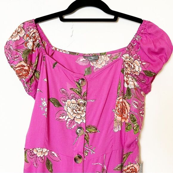 Angie Pink Floral Fit & Flare Button Down Summer Mini Dress, Size Medium - Picture 2 of 10